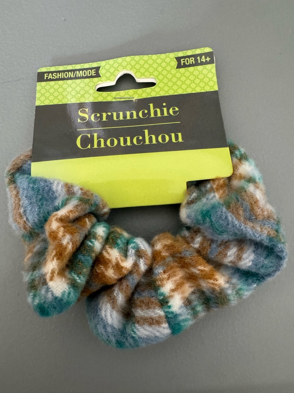 Scrunchie plaid fleece Plush Hair Tie in Teal, Brown & Cream fall winter